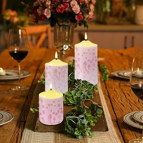 Cozeyat 3 Pieces Flameless Candles with Remote Control, Flickering Romantic Realistic Wax Pillar Tealights, Pink Cherry Blossom Design Flameless Bullet Floating Candles for Indoor Outdoor Decor - Image 4