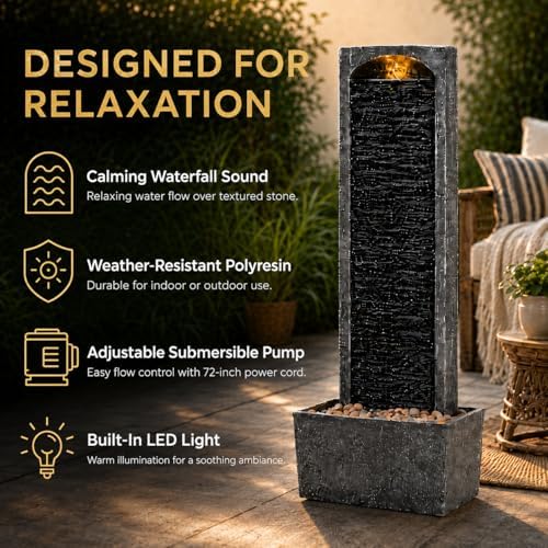Teamson Home 38.5" Faux Slate Outdoor LED Waterfall Fountain, Gray/Black - Image 2