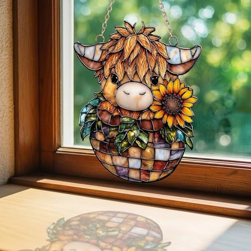 Sunflowers and Highland Cow Tiffany Acrylic Suncatcher - Image 3