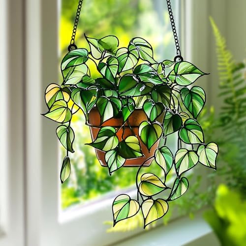 Monstera Suncatcher Indoor Colorful Window Hanging Ornament Outdoor Sun Catcher Panel for Home Decor Car Garden Crystal Gift Pothos Plant Faux Stained Glass Suncatcher by Unknown