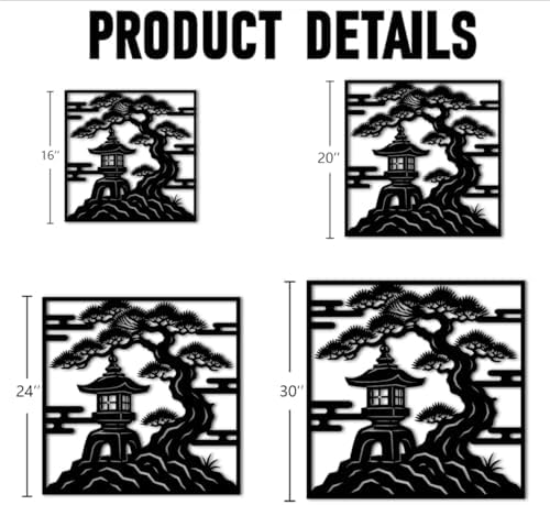 Japanese Pagoda and Bonsai Tree Metal Wall Art Metal Outdoor Decor Metal Signs Elegant Minimalist Aesthetic Home Decor Stunning Zen Garden Decoration for Living Room Bedroom Patio (Black,16inch) - Image 2