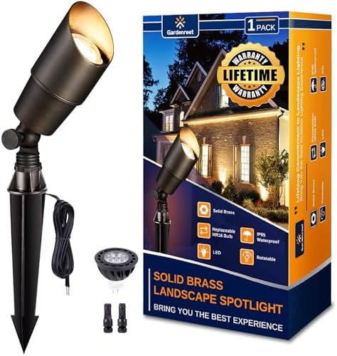 Gardenreet Brass Landscape Spotlights 12V, Low Voltage Spot Light Outdoor LED, Wired IP65 Waterproof Uplight, ETL Bronze for Garden Yard Tree House with 5W 2700K Warm White MR16 Bulb by Gardenreet