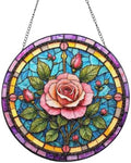 Pink Rose Stained Glass Window Stained Glass Suncatcher 9.8 Inch by Unknown