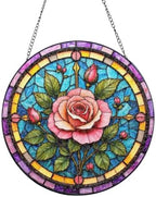 Pink Rose Stained Glass Window Stained Glass Suncatcher 9.8 Inch by Unknown