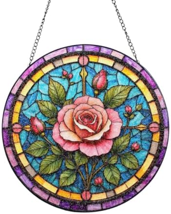 Pink Rose Stained Glass Window Stained Glass Suncatcher 9.8 Inch by Unknown