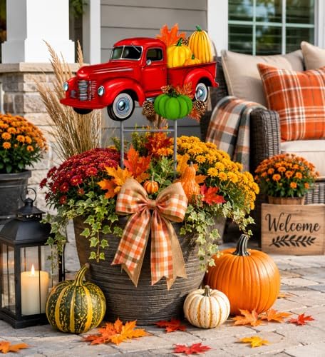 Garden Yard Stake Decor Vintage Truck Metal Colorful Fall Outdoor Decor Entry Front Backyard Home Business 22" x 22" (Red Truck W Fall Pumpkins) - Image 5