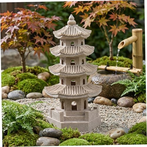Pagoda Garden Statue Solar Powered Pagoda Lantern Resin Outdoor Zen Japanese Garden Decor for Balcony, Patio, Porch, Yard 11.4x4.7x4.7 inch Khaki - Image 2