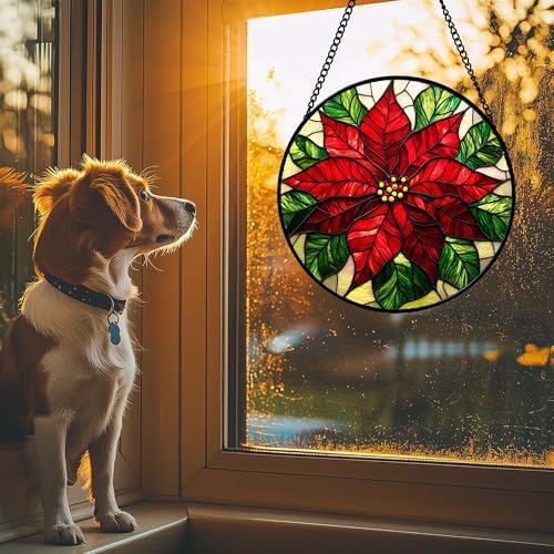 Stained Glass Window Hanging - Poinsettia Suncatcher for Door Garden Home Decor Birth Flower Sun Catcher Birthday Mother's Day for Lovers Friend Women Mom Nana 11.8 in - Image 2