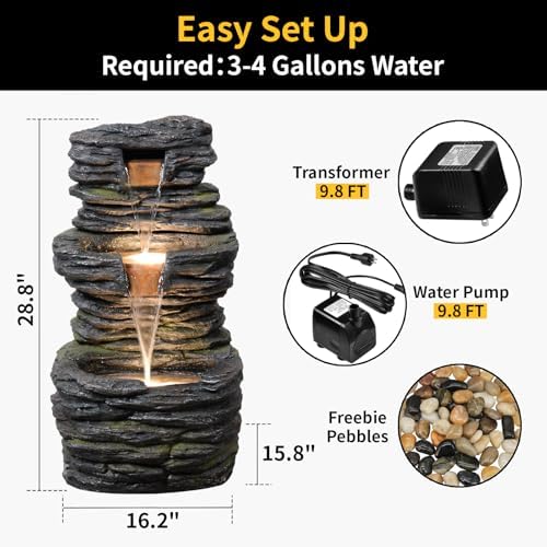 3 Tier Cascading Rock Water Fountain Outdoor Garden,28.74" H Natural Look Outdoor Fountains and Waterfalls with LED Lights for Patio, Deck, Porch, Backyard, Outside and Indoor Home Decor - Image 6