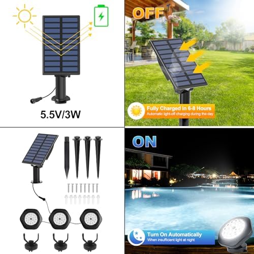 Solar Pond Lights, 18 LED Super Bright Underwater Spotlights LED Submersible Pond Light IP68 Waterproof Fountain Lights for Fish Aquarium Tank Garden Yard Pool Decor Cold White (3-in-1) - Image 4