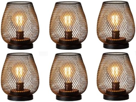 Set of 6 Battery Operated Lamp LED Table Lantern, Brown Metal Cage Cordless Lamps with LED Bulb，Vintage Decorative Outdoor Lantern for Weddings, Parties, Patio, Events for Indoors Shelf Decor by DECORKEY