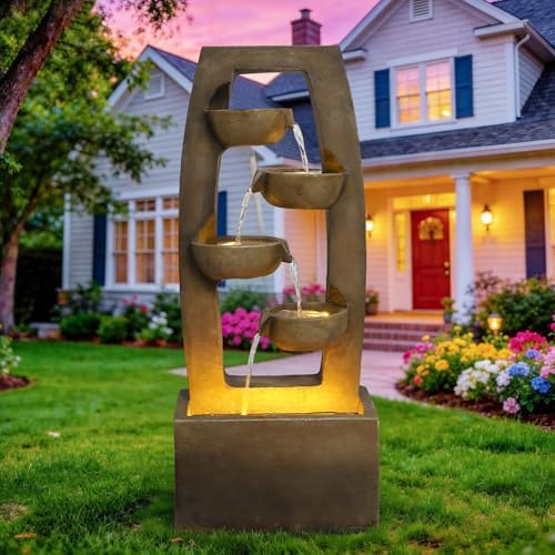 37.6" Outdoor Water Fountain, 4 Tier Bowl Cascading Freestanding Water Fountain, Modern Garden Water Feature with LED Lights, Suitable for Patio Yard Porch Landscape, Brown by FammyLoft