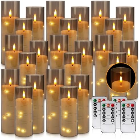 24-Pack Gray Flameless Candles with Remote Control, Battery-Powered LED Candles with Embedded Star String Lights & Realistic Flickering Flame. with Timer for Christmas, Home, Wedding, Fireplace Mantle by Aamdkcyu