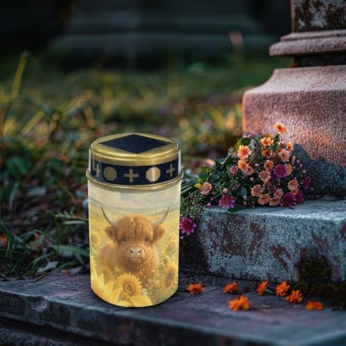 Poceacles Outdoor Lights Solar Grave Candle Solar Cemetery Candles LED Automatic Outdoor Flameless Cemetery Lights for Loss of Dad, Sunflower Highland Cow, Set of 4 - Image 3