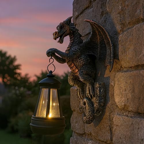 Outdoor Solar Dragon Statue Tree Hugger with Solar Lantern Garden Decor, 9-inch Dragon Garden Statues Outdoor Patio Lawn, Fence Decoration, Gargoyle Statues Outdoor with LED Light, Gifts for Mom - Image 2