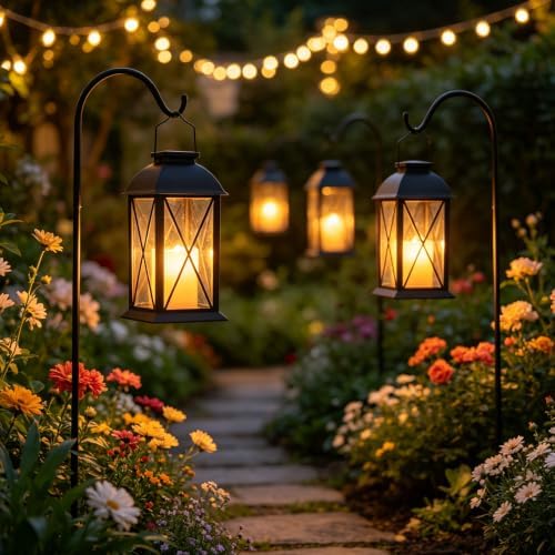 Solar Lanterns Outdoor Waterproof 2 Pack Black Hanging Lights with Candles - Image 5