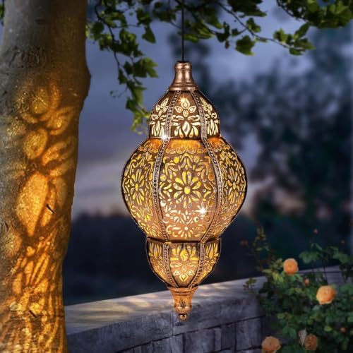 Hanging Solar Lantern Outdoor Decor 2Pack, 9.5In Moroccan LED Lights for Outside Garden Decorations, Waterproof Solar Lanterns Garden Gifts for Mom, Women, Patio, Yard (Copper) - Image 7