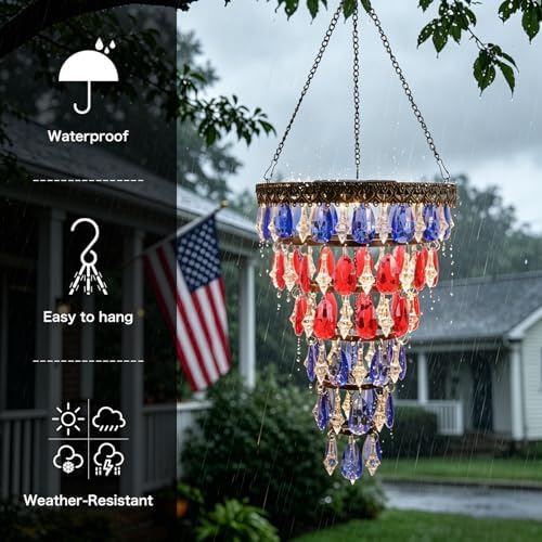 Solar Hanging Crystal Chandelier Patriotic Flag Decoration - Image 3