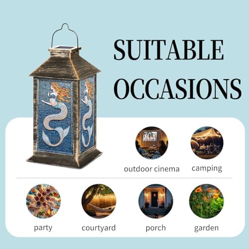 Solar Lantern Stained Glass Window Panel Scales Flowing Hair Sea Motif Outdoor Waterproof Garden Hanging Lantern Solar Powered Lighting Outside Table Lamp for Patio Deck Camping 1 Pack - Image 5