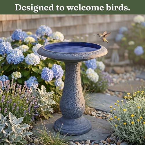 Pedestal Bird Bath Bowl 23 Inch Sea Blue - Stone-Resin Composite Bird Baths for Outdoors - Decorative Standing Outdoor Garden Decor for Front Porch Patio Yard Backyard Lawn Ornament - Image 2