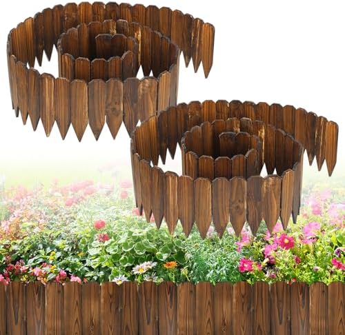 Rustic Pine Wood Garden Fence - 26.2ft Total Length (2pcs 13.1ft L*12in H) Easy to Install Sturdy Wooden Landscape Edging Border, No Fading Planter Fencing for Yard Flower Bed Lawns Pathway Tree by Alphatool