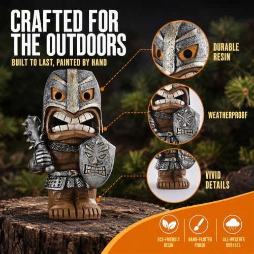 10" Solar Tiki Statue, Tribal Warrior with LED Eyes, Outdoor Tiki Decor - Image 3