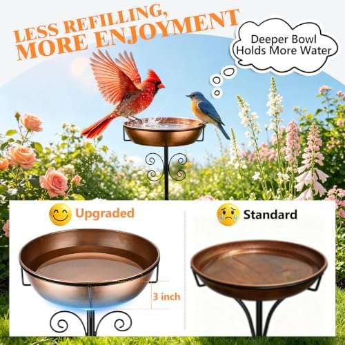 Btefd 3" Deep 43" Tall Copper Metal Bird Bath for Outdoor, 12" Dia Removable Bird Baths Water Bowl for Outside, Standing Birdbaths with Stable Stake for Garden Yard Lawn Decor 1.4 Gallon - Image 2
