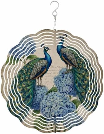 Wind Spinner 3D Stainless Steel Metal Wind Spinners Hanging Wind Spinner Vintage Colorful Peacock and Hydrangea Garden Decoration Kinetic Yard Art Ornament for Indoor Outdoor Decor, 12 Inch by SEVENBABU