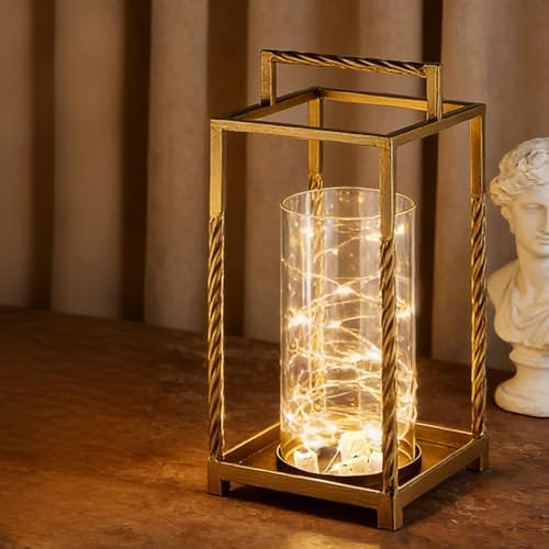 13" Modern Metal Lantern with Twisted Rope-style Frame In Antique Brass with Glass Hurricane For Pillars, String Light. Centerpiece, Mantel, Ambient Lighting, Farmhouse, Transitional, Patios, Entryway - Image 4