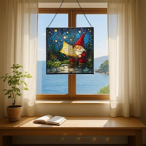 Gnome with Star Map Stained Glass Suncatcher – Square Hanging Window Panel for Home or Greenhouse – Whimsical Glass Art Gift for Garden Lovers, Christmas, Halloween, Father Days 3TxNhD - Image 6