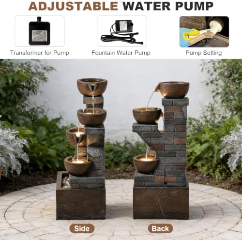 33.5" H Outdoor Water Fountain, 4-Tier Cascading Waterfall Fountain with Warm LED Lights, Vintage Brick Design for Garden, Patio, Backyard Decor - Image 6