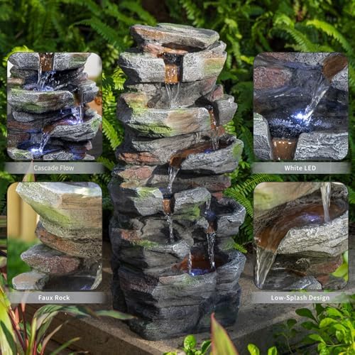Rock Water Fountain Outdoor with LED Lights, 23.6" Tall Cascading Water Feature for Patio, Lawn, Backyard & Garden, Natural Stone Look Resin Outdoor Water Fountain Decor (Rock 23.6" H) - Image 5
