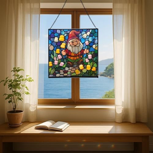 Gnome in Marshmallow Garden Stained Glass Suncatcher – Square Hanging Window Panel for Home or Greenhouse – Whimsical Glass Art Gift for Garden Lovers, Christmas, Halloween, Father Days KUb2c5 - Image 6