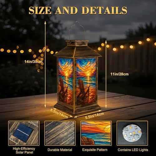 Solar Lantern Outdoor Waterproof Stained Glass Beach Scene Adirondack Chair Sunset Ocean Waves Garden Decor LED Hanging Solar Lights Tabletop Lamp Gifts for Women Mom Outside Yard Patio Porch - Image 2