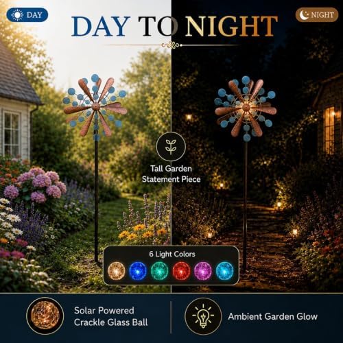 75in Metal Wind Spinner with Solar Light Outdoor Garden Yard Art Decor - Image 3