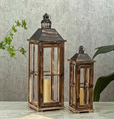 Large Farmhouse Wooden Decorative Lantern Set of 2, Rustic Distressed Brown Burnt Wood Floor Candle Lanterns, Indoor/Outdoor Hanging Lanterns for Home Decor (No Glass) - Image 5