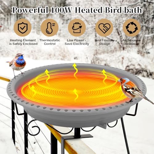Heated Bird Bath for Outdoors Deck Railing, 100W Heated Birdbath, Gray - Image 2