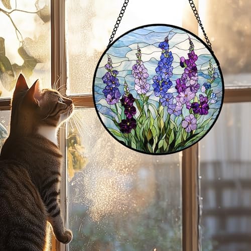 Stained Glass Window Hanging - Blue Purple Delphinium Suncatcher for Door Garden Home Decor Birth Flower Sun Catcher Birthday for Friend Lovers Women Mom Nana 9.8 in - Image 2