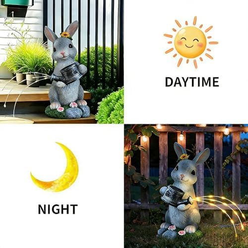 Weather Solar Power Rabbits Statue with Watering Can Parties Decors for Yard and Porch Decorative Lighting Resin Rabbits with Watering Can - Image 3