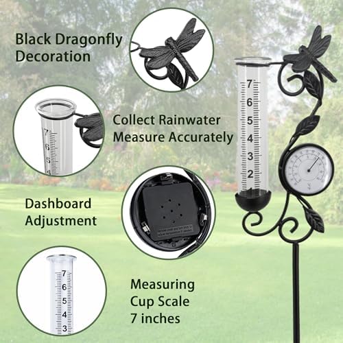 36in Dragonfly Rain Gauge Thermometer Black Metal Garden Stake Decor - Image 4
