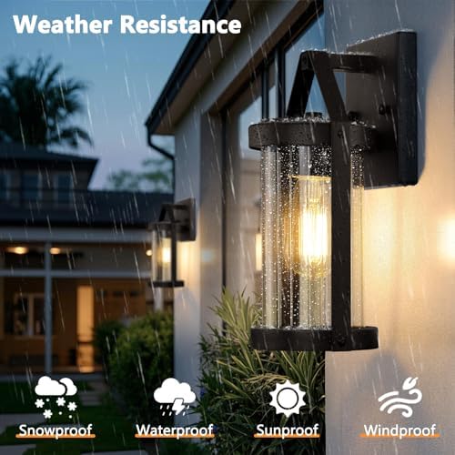 Brightever Outdoor Wall Light Fixtures, Waterproof Matte Black Exterior Wall Lantern Sconce Porch Lights, Outside Lighting with Clear Ribbed Glass for House, Garage, Front Door, 2-Pack - Image 3