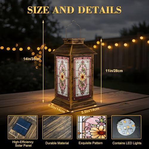 Stained Glass Style Solar Lantern Outdoor Garden Hanging Lantern Flat Stained Glass Artwork Sunflower Spring Color Mosaic Waterproof Solar Powered Lighting Outside Table Lamp for Patio Deck Yard - Image 2