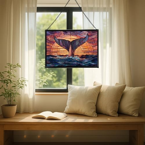 Whale Tail Splashes Under Sunset Sky Rectangular Stained Glass Suncatcher – Hanging Window Panel with Animal & Nature Scene – Vibrant Glass Art Gift for Wildlife, Fantasy, Nature Lovers wwsLLc - Image 7