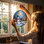 Snowman Holding Lantern Near Winter Houses Stained Glass Suncatcher 12in - Image 3