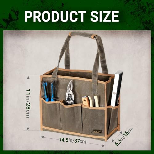 Heavy Duty 16OZ Waxed Canvas Tool Bag,15-Pockets Portable Tote Bag,Muti-Purpose Garden Tool Storage Bag with Padded Handle | ArmyGreen - Image 2