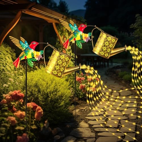 Solar Hummingbird Watering Can Garden Light,Warm White LED String Light,Outdoor Lawn Decorative Floor Lamp,Colorful Metal Crafts - Image 6