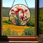 Red Flowers Green Leaves Stained Glass Window Hanging Suncatcher Gifts 9.8" - Image 3