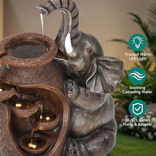 AUTODAYA 19" H Elephant Statue Outdoor Water Fountain with Warm LED Lights - Image 4