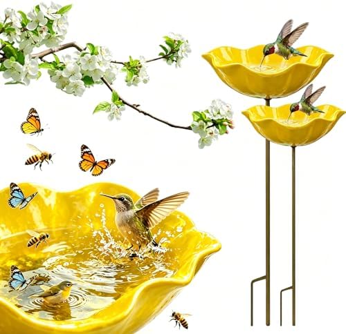 Metal Flower Garden Stakes Bird Bath, Handmade Bee Watering Station for Garden Outside, Mini Pollinator Water Station, Metal Flower Bird Bath Garden Stakes (Yellow, 2PCS) by Unknown