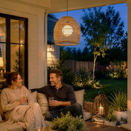 Solar Pendant Lights Outdoor, 12 Inch Rattan Solar Lantern with Remote - Image 4